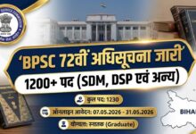बिहार लोक सेवा आयोग (BPSC) ने 72वीं संयुक्त प्रतियोगिता परीक्षा 2026 का नोटिफिकेशन जारी कर दिया है। 1230 पदों (SDM, DSP, CDPO) के लिए योग्यता, आयु सीमा, परीक्षा पैटर्न और ऑनलाइन आवेदन की पूरी प्रक्रिया यहाँ जानें।