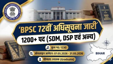बिहार लोक सेवा आयोग (BPSC) ने 72वीं संयुक्त प्रतियोगिता परीक्षा 2026 का नोटिफिकेशन जारी कर दिया है। 1230 पदों (SDM, DSP, CDPO) के लिए योग्यता, आयु सीमा, परीक्षा पैटर्न और ऑनलाइन आवेदन की पूरी प्रक्रिया यहाँ जानें।